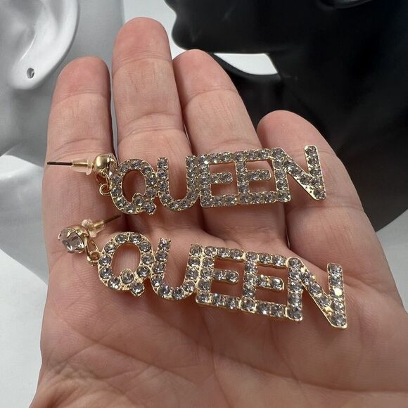 Queen Earrings Dangle Rhinestone Pierced Long But Not Heavy! Sparkle Gold Tone - Picture 6 of 8
